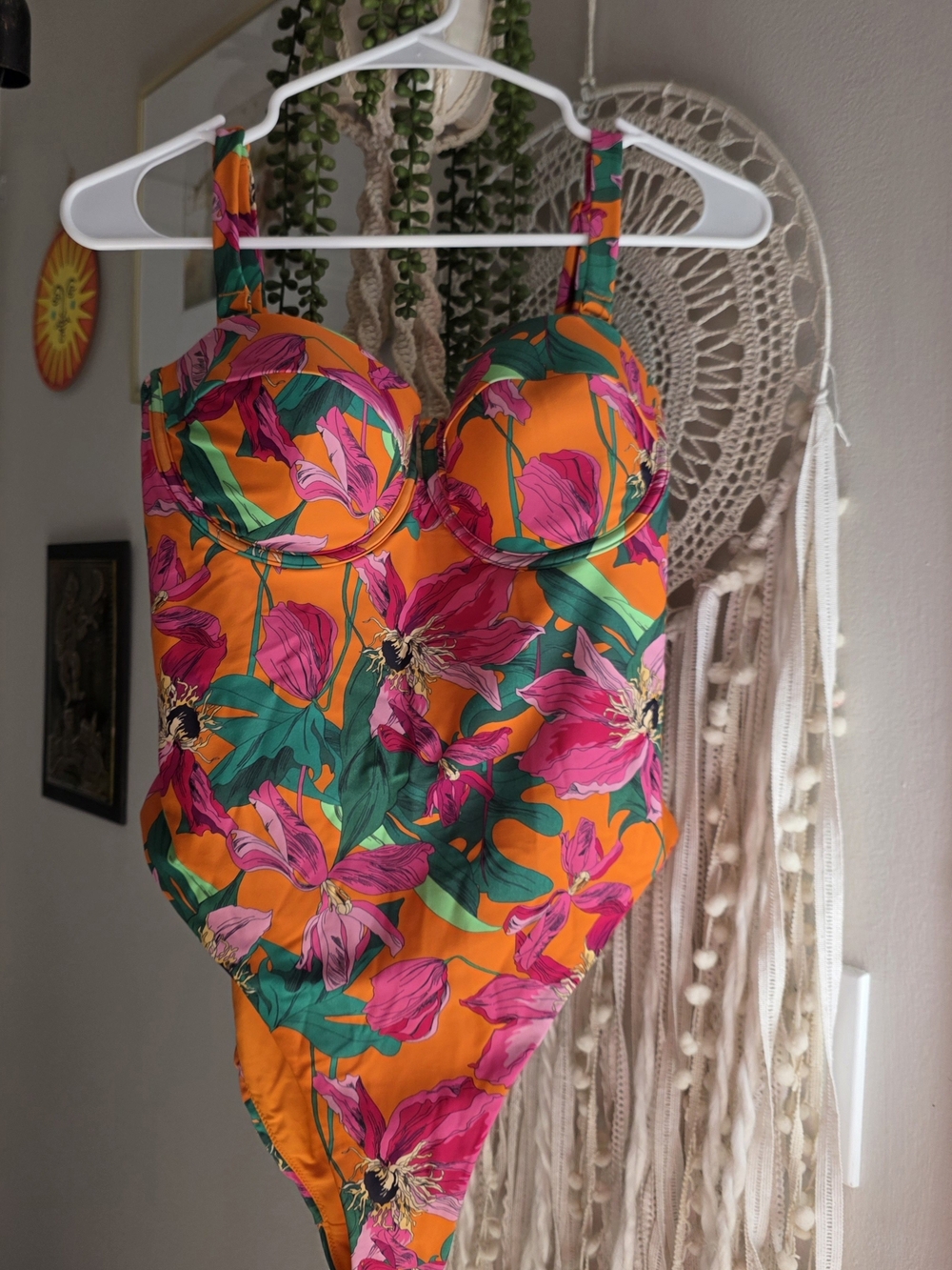 Express Bright Orange One-Piece Bodysuit with Pink & Green Floral Print